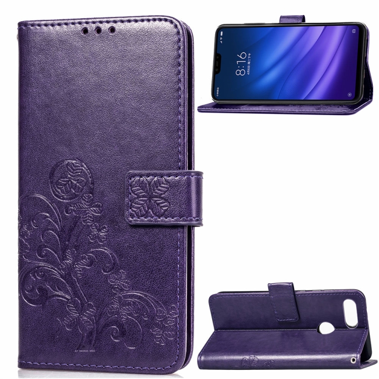 

Lucky Clover Pressed Flowers Pattern Leather Case for Xiaomi Mi 8 Lite, with Holder & Card Slots & Wallet & Hand Strap (Purple)