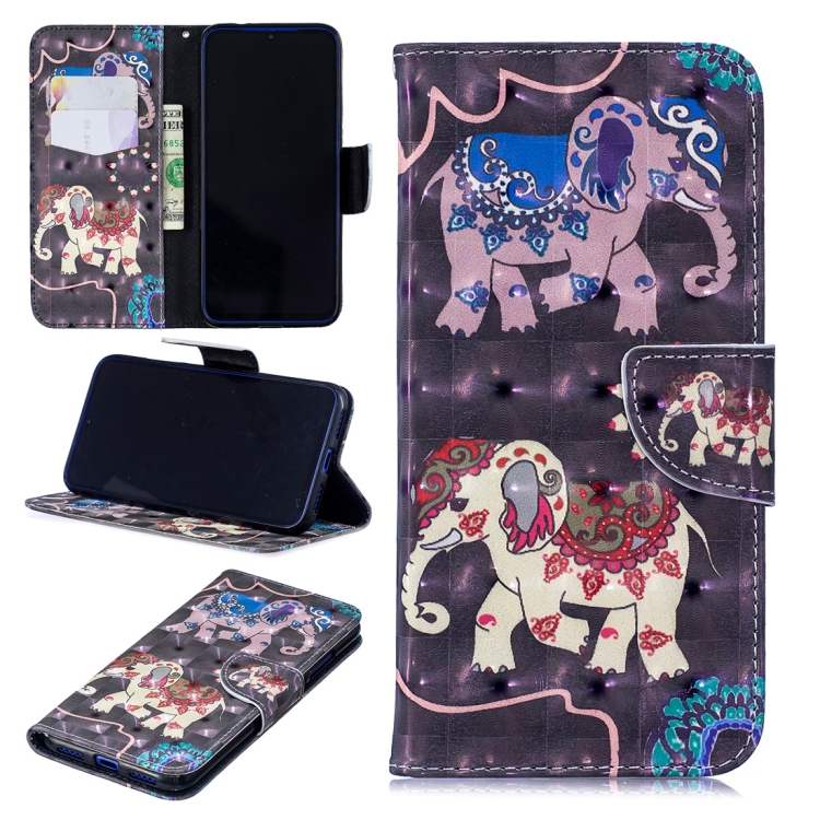 

3D Colored Drawing Two Elephants Pattern Horizontal Flip Leather Case for Xiaomi Redmi Note 7 / Redmi Note 7 Pro, with Holder & Card Slots & Wallet