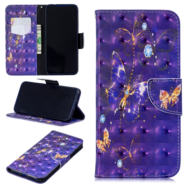 

3D Colored Drawing Purple Butterfly Pattern Horizontal Flip Leather Case for Xiaomi Redmi Note 7 / Redmi Note 7 Pro, with Holder & Card Slots & Wallet