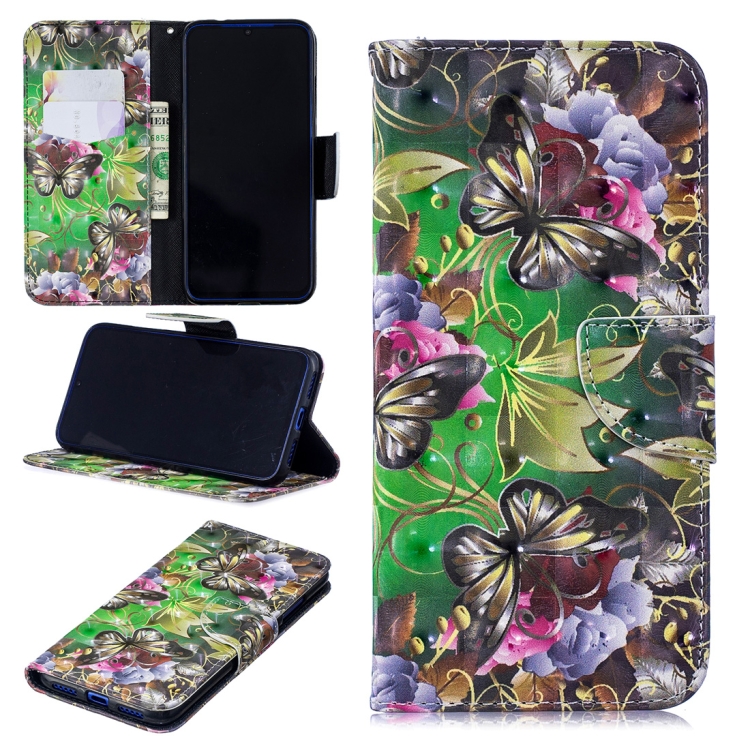 

3D Colored Drawing Green Butterfly Pattern Horizontal Flip Leather Case for Xiaomi Redmi Note 7 / Redmi Note 7 Pro, with Holder & Card Slots & Wallet