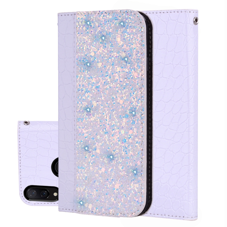 

Crocodile Texture Glitter Powder Horizontal Flip Leather Case for Xiaomi Redmi Note 7, with Card Slots & Holder (White)