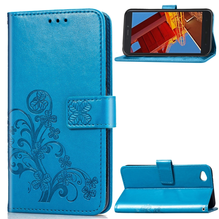 

Lucky Clover Pressed Flowers Pattern Leather Case for Xiaomi Redmi Go, with Holder & Card Slots & Wallet & Hand Strap (Blue)