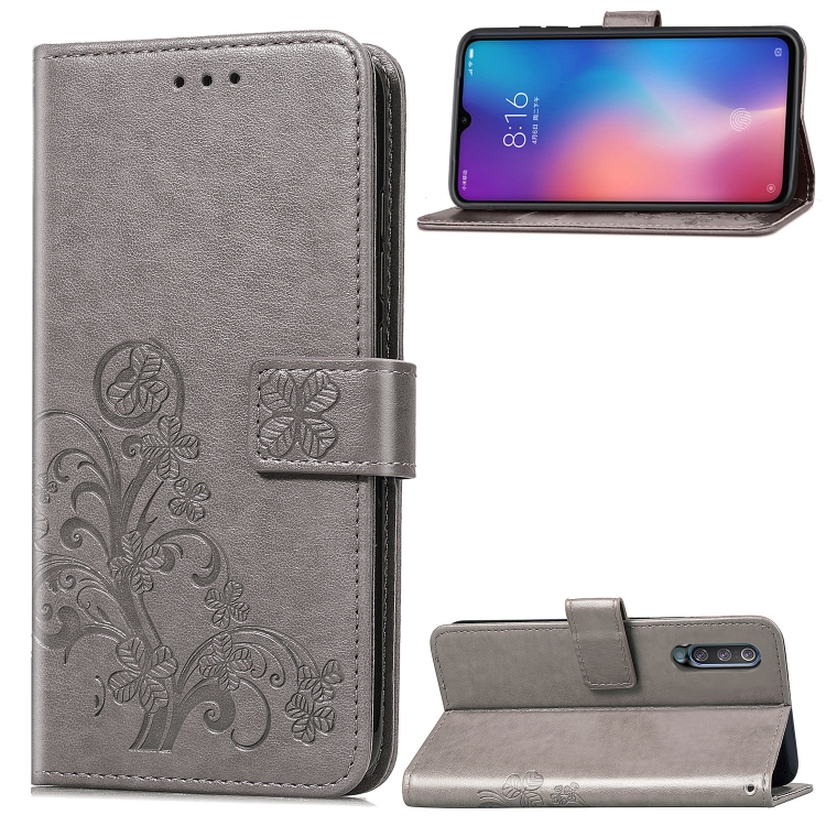 

Lucky Clover Pressed Flowers Pattern Leather Case for Xiaomi Mi 9, with Holder & Card Slots & Wallet & Hand Strap (Grey)