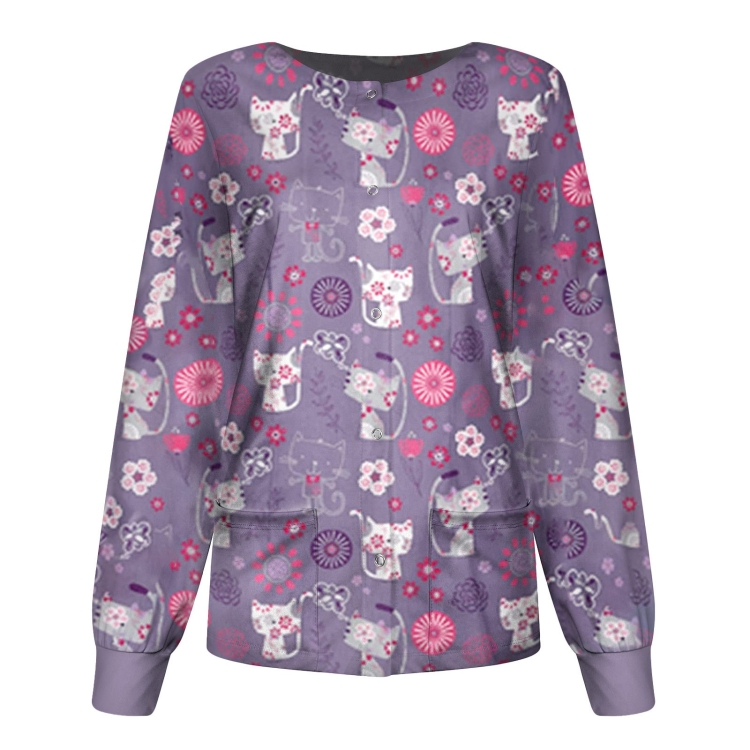 

Round Neck Printed Nurse Clothes Long Sleeve Top (Color:Purple Size:S)