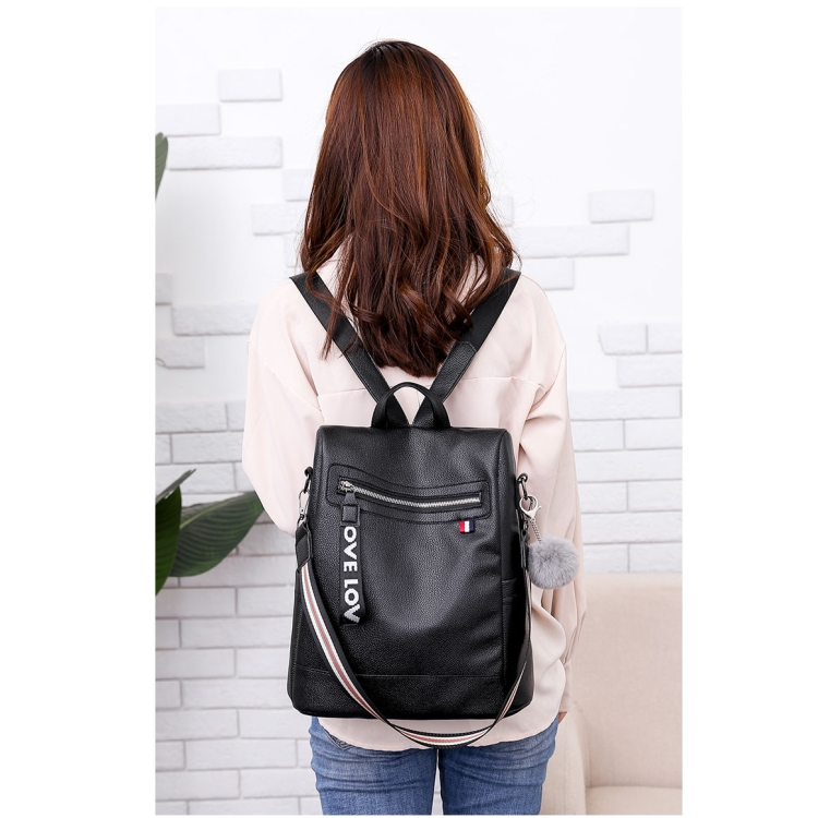 

Casual Anti-theft Shoulder Backpack Ladies Messenger Bag with Plush Ball (Black)