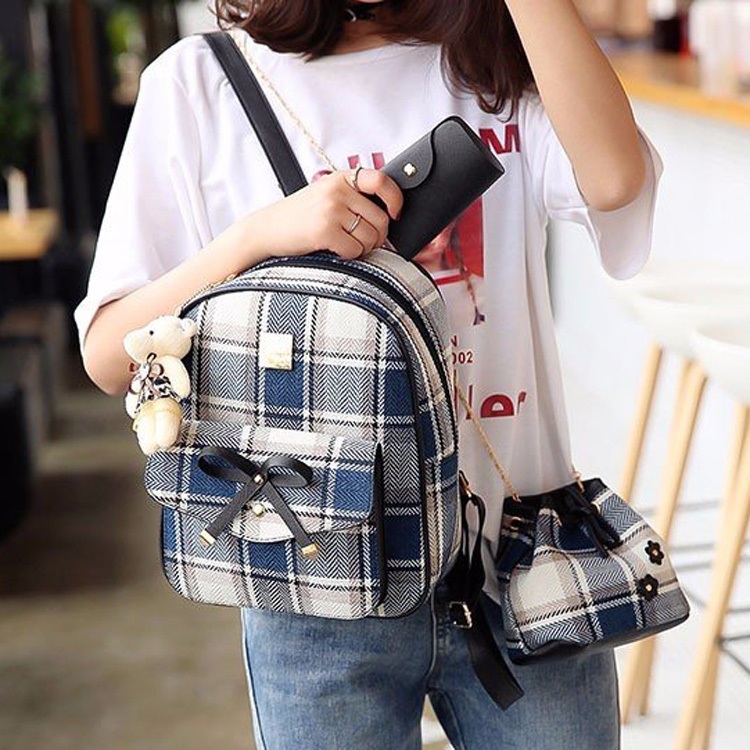 

3 in 1 Lattice Bow Pattern PU Leather Double Shoulders School Bag Travel Backpack Bag with Bear Doll Pendant (Blue)