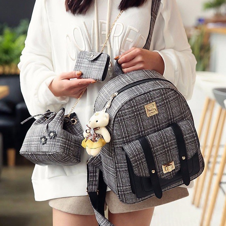 

3 in 1 Retro Lattice PU Leather Double Shoulders School Bag Travel Backpack Bag with Bear Doll Pendant (Black)