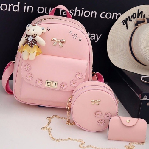 

3 in 1 Flower PU Leather Double Shoulders School Bag Travel Backpack Bag with Bear Pendant (Pink)