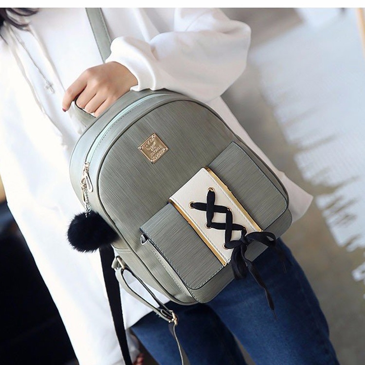 

PU Leather Double Shoulders School Bag Travel Backpack Bag (Grey)