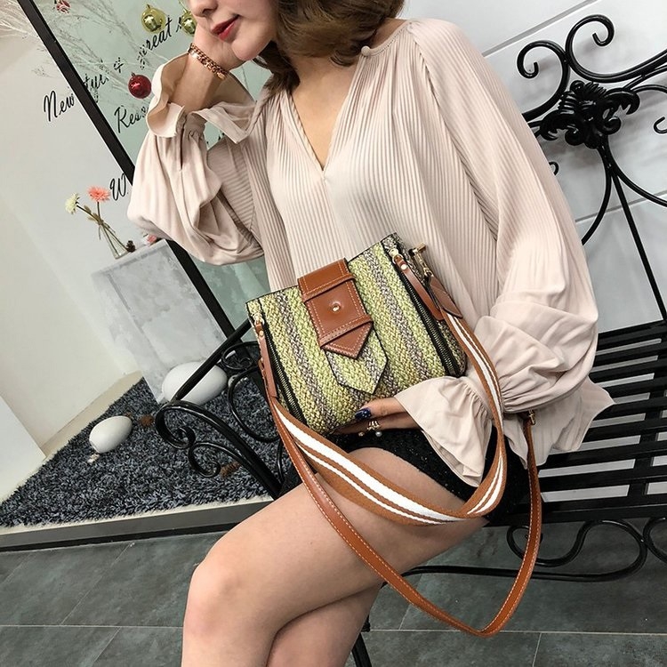

Woven Texture Double Strap Casual Shoulder Bag Ladies Handbag Messenger Bag (Yellow)