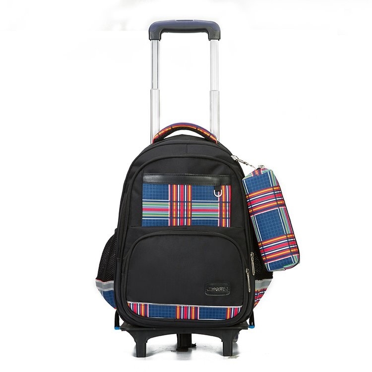 

Lovely Double Shoulders School Bag Two-wheeled Rod Backpack Bag with Pen Bag (Black)