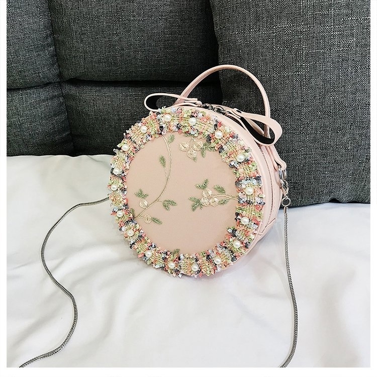 

Retro Style Lace Pearl Casual Shoulder Bag Messenger Bag Ladies Handbag Small Round Shoulder Bag (Pink)