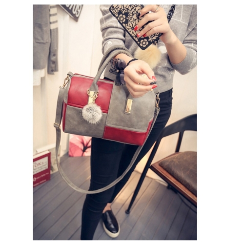 

Casual PU Shoulder Bag Ladies Handbag Messenger Bag with Plush Ball (Red Grey)