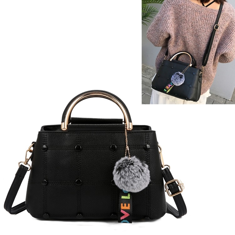 

Small Square Bag Hairball Pendant Casual Single Shoulders Bag Ladies Handbag Messenger Bag (Black)
