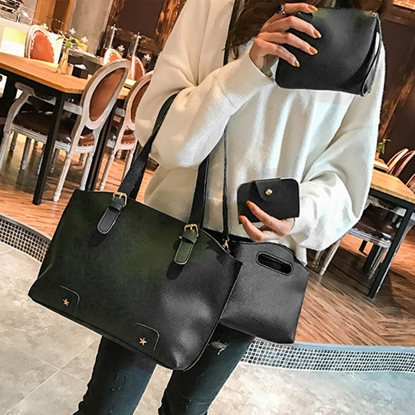

4 in 1 Fashionable PU Leather Women's Handbag Single-shoulder Bag Messenger Bag (Black)