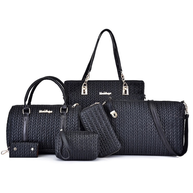 

6 in 1 Weave Pattern PU Shoulder Bag Ladies Handbag Messenger Bag (Black)