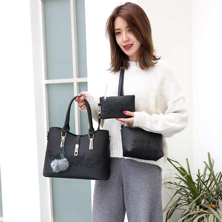 

3 in 1 Embroidery Rose Pattern PU Shoulder Bag Ladies Handbag Messenger Bag with Plush Ball (Black)