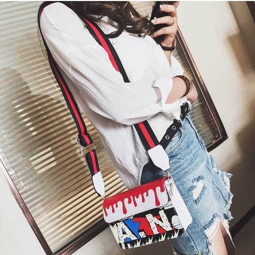 

Painting PU Leather Shoulder Bag Coloured Strap Ladies Small Square Bag Messenger Bag Handbag (Black)