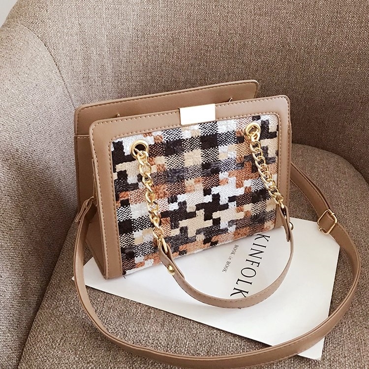 

Cloth Lattice PU Leather Single Shoulder Bag Ladies Handbag Messenger Bag (Khaki)