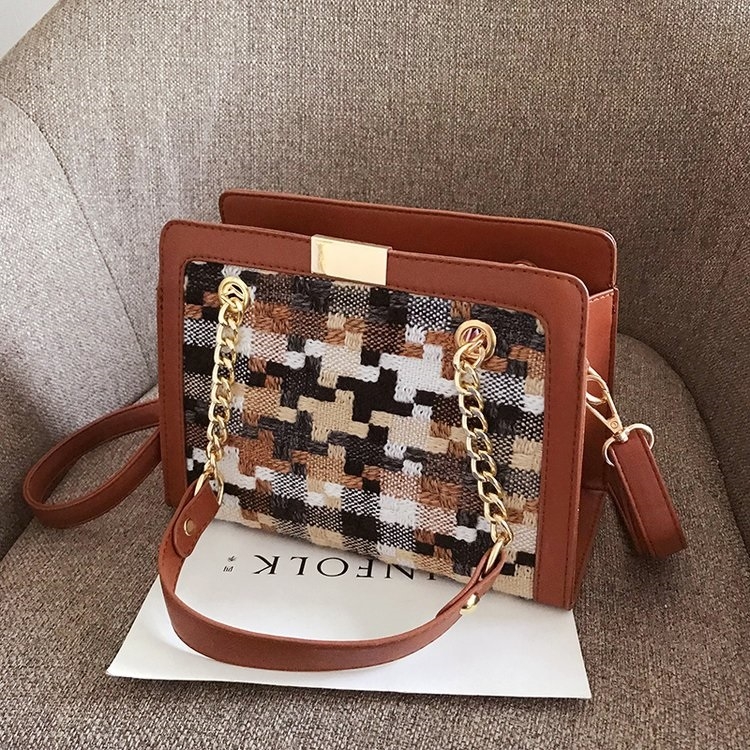 

Cloth Lattice PU Leather Single Shoulder Bag Ladies Handbag Messenger Bag (Brown)
