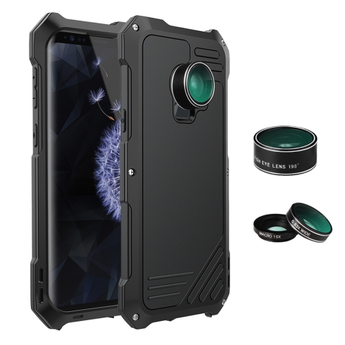 

Waterproof Shockproof Dustproof Protective Case for Galaxy S9+, with 0.63X Wide Angle + 198 Degree Fisheye + 15X Macro Mobile Phone Lens Kit (Black)