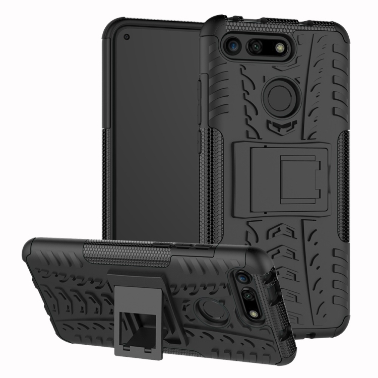 

Tire Texture TPU+PC Shockproof Phone Case for Huawei Honor V20, with Holder (Black)