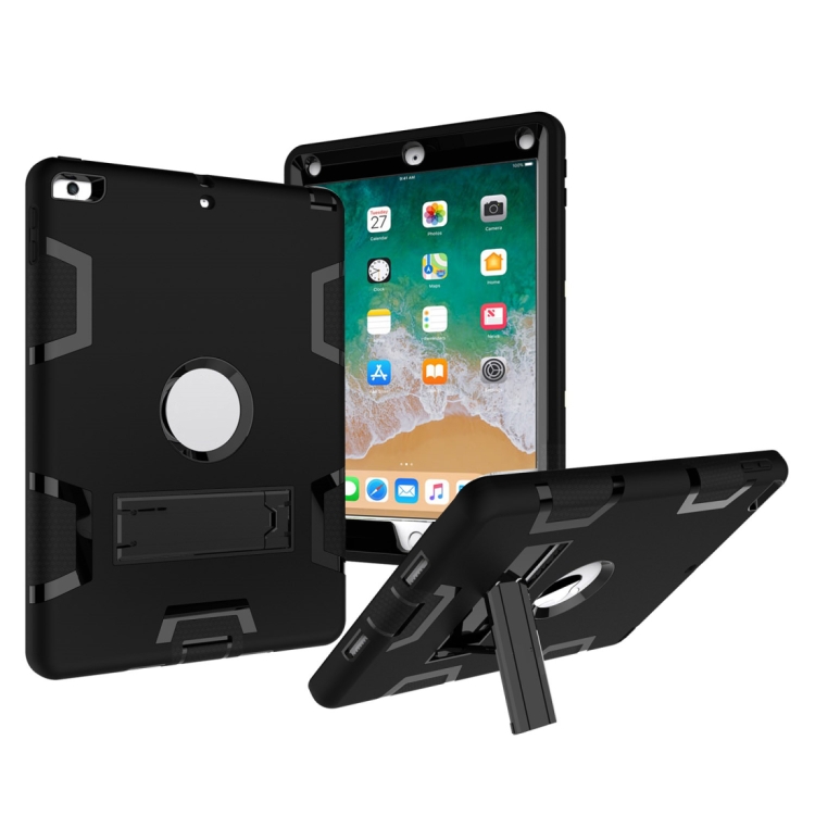 

Contrast Color Silicone + PC Shockproof Case for iPad 9.7 inch (2018/2017), with Holder (Black)
