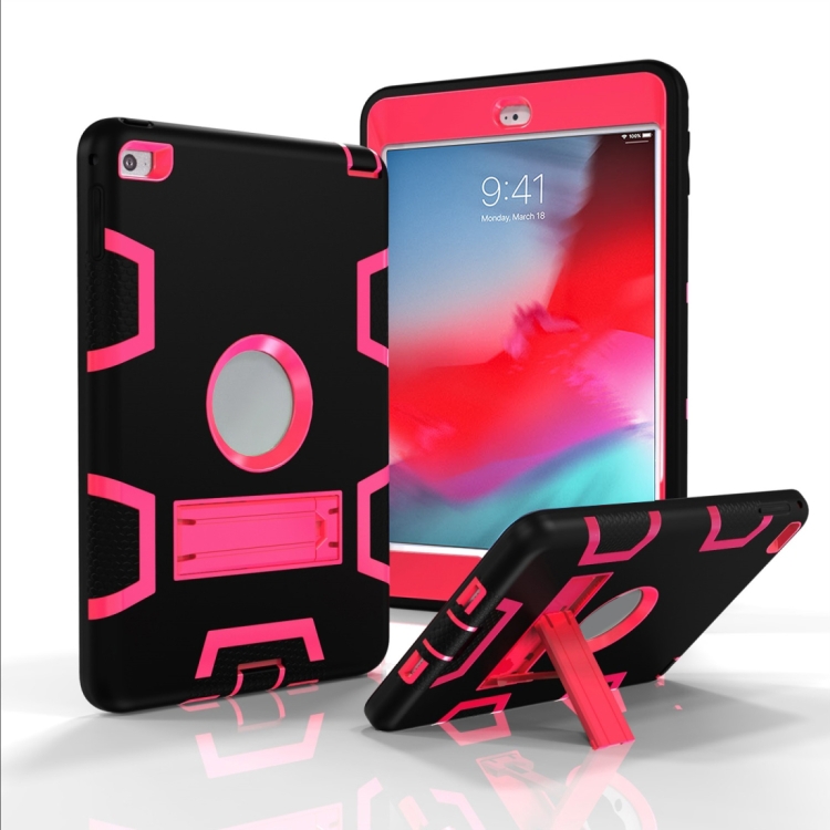 

Contrast Color Silicone + PC Shockproof Case for iPad mini 5 / mini 4, with Holder(Black+Rose Red)