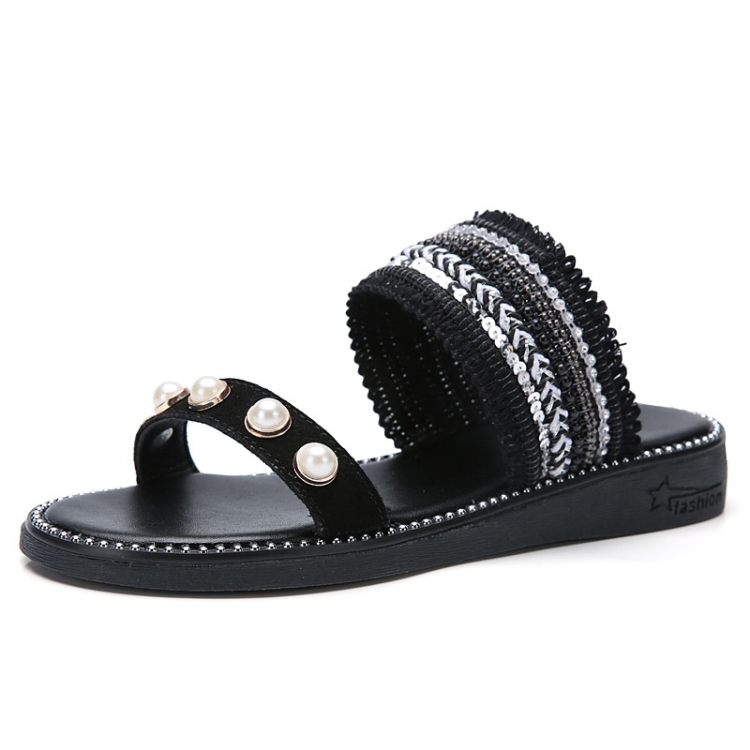

Lightweight Non-slip Wear-resistant Pearl Woven Lightweight Sandals for Women (Color:Black Size:40)