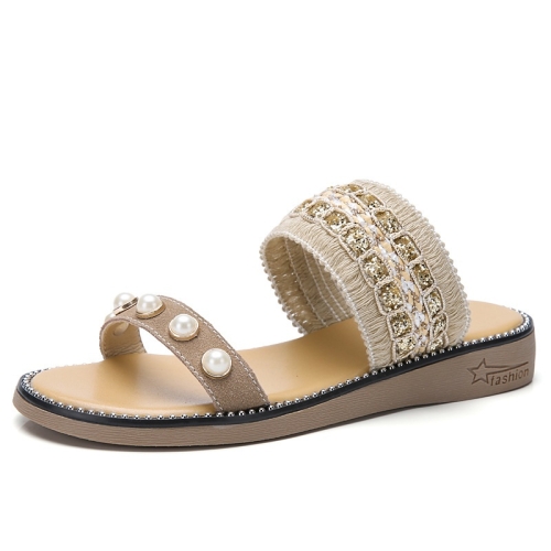 

Lightweight Non-slip Wear-resistant Pearl Woven Lightweight Sandals for Women (Color:Brown Size:37)