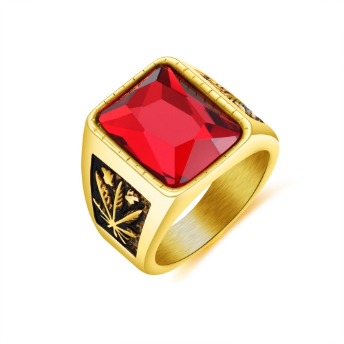 

OPK Personality Tide Stainless Steel Glass Stone Maple Leaf Ring for Men(Color:Gold Red Size:9)