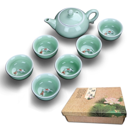 

7 in 1 Celadon Ceramic Tea Set Kung Fu Pot Infuser Teapot 3D Fish Serving Cup Teacup Chinese Drinkware with Gift Box