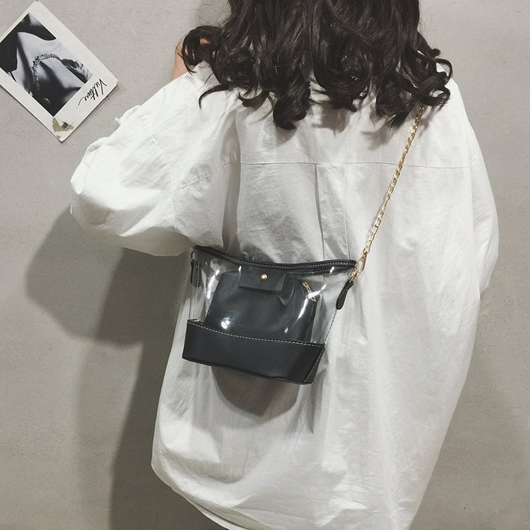 

Clear PVC + PU Leather Chain Single Shoulder Bag Ladies Handbag Messenger Bag (Black)