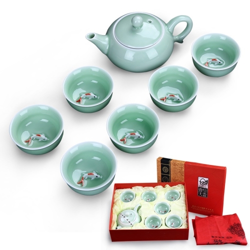 

7 in 1 Celadon Ceramic Tea Set Kung Fu Pot Infuser Teapot 3D Fish Serving Cup Teacup Chinese Drinkware with Gift Box
