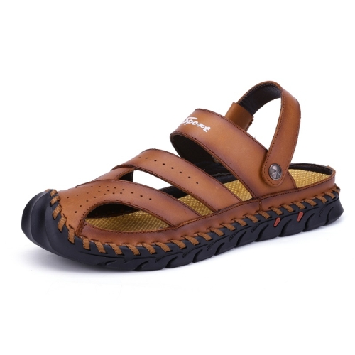 

First Layer Leather Sandals Outdoor Hollow Sneakers for Men (Color:Red Brown Size:39)