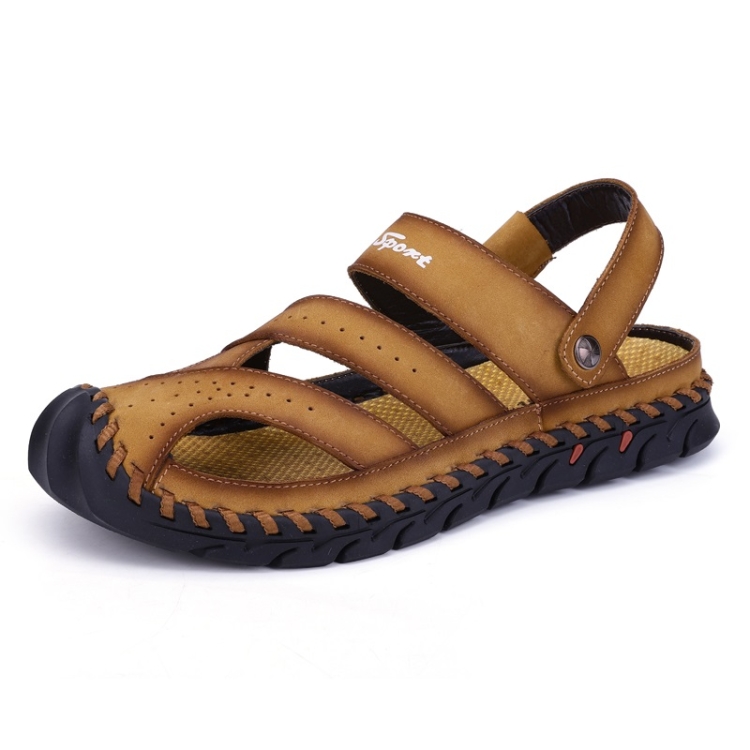 

First Layer Leather Sandals Outdoor Hollow Sneakers for Men (Color:Yellow Brown Size:43)
