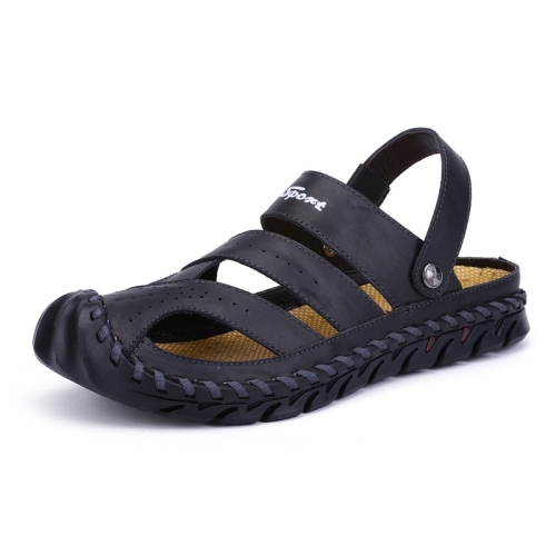 

First Layer Leather Sandals Outdoor Hollow Sneakers for Men (Color:Black Size:38)