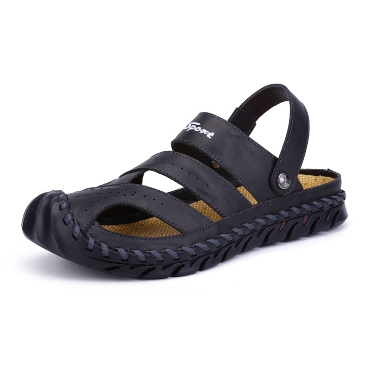 

First Layer Leather Sandals Outdoor Hollow Sneakers for Men (Color:Black Size:41)