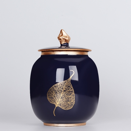 

Indigo Glaze Large Tea Pot Ceramic Tea Pot Home Retro Sealed Cans Small Jar Tea Box(Gold Leaf)