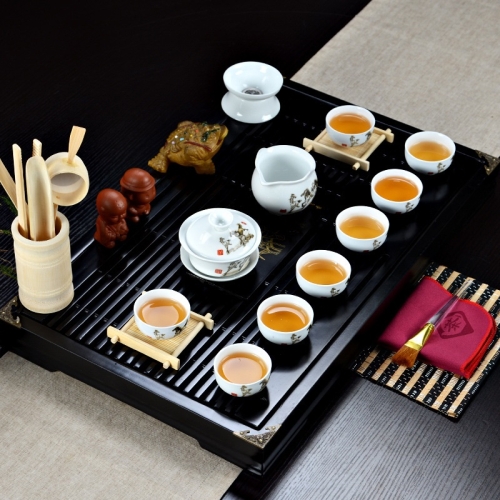 

4 in 1 Kung Fu Tea Set High White Porcelain Tea Table with Tea Tray & 6 Tea Cups(Success)