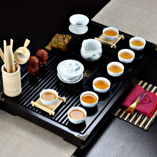 

4 in 1 Kung Fu Tea Set High White Porcelain Tea Table with Tea Tray & 6 Tea Cups(Ink Landscape)