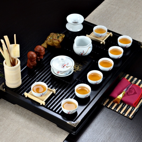 

4 in 1 Kung Fu Tea Set High White Porcelain Tea Table with Tea Tray & 6 Tea Cups(Good Luck)