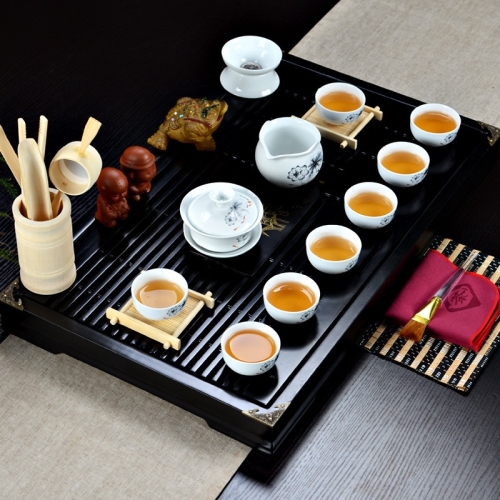 

4 in 1 Kung Fu Tea Set High White Porcelain Tea Table with Tea Tray & 6 Tea Cups(Lotus)
