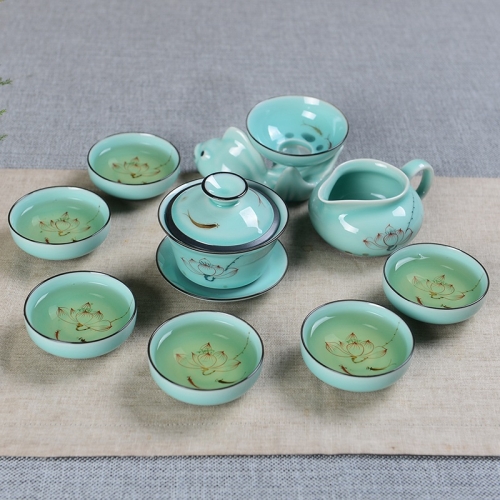 

9 in 1 Celadon Ge Kiln Purple Sand Ceramics Complete Set Kung Fu Tea Set(Ceramic Cover Bowl)