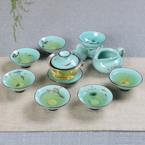 

9 in 1 Celadon Ge Kiln Purple Sand Ceramics Complete Set Kung Fu Tea Set(Glass Cover Bowl)
