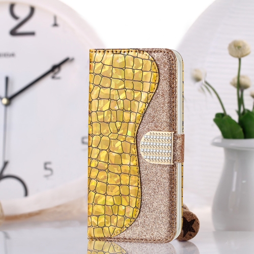 

Laser Glitter Powder Matching Crocodile Texture Horizontal Flip Leather Case for Galaxy A40, with Card Slots & Holder (Gold)