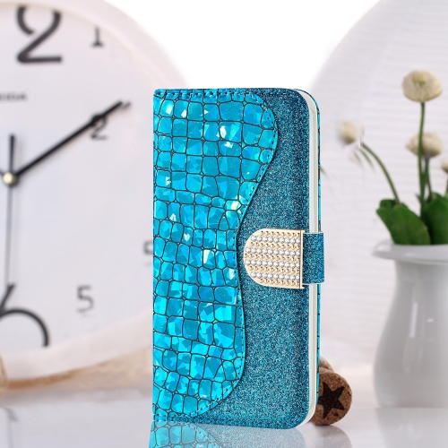 

Laser Glitter Powder Matching Crocodile Texture Horizontal Flip Leather Case for Galaxy A60, with Card Slots & Holder (Blue)