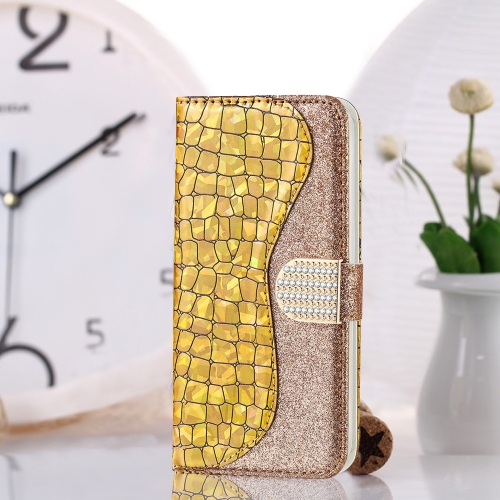 

Laser Glitter Powder Matching Crocodile Texture Horizontal Flip Leather Case for Galaxy A70, with Card Slots & Holder (Gold)