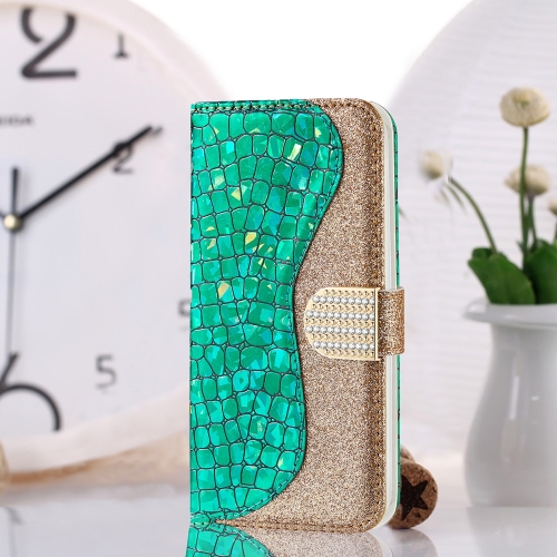 

Laser Glitter Powder Matching Crocodile Texture Horizontal Flip Leather Case for Galaxy J4, with Card Slots & Holder (Green)