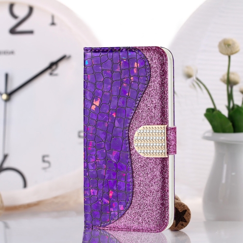 

Laser Glitter Powder Matching Crocodile Texture Horizontal Flip Leather Case for Galaxy J4, with Card Slots & Holder (Purple)